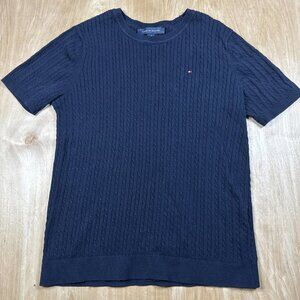 Tommy Hilfiger Cable Knit Top Women's L Black Short Sleeve Crew Preppy